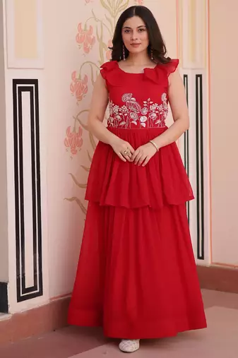 Red georgette readymade gown with embroidery & beads work
