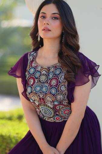 Purple georgette readymade gown with embroidery & beads work