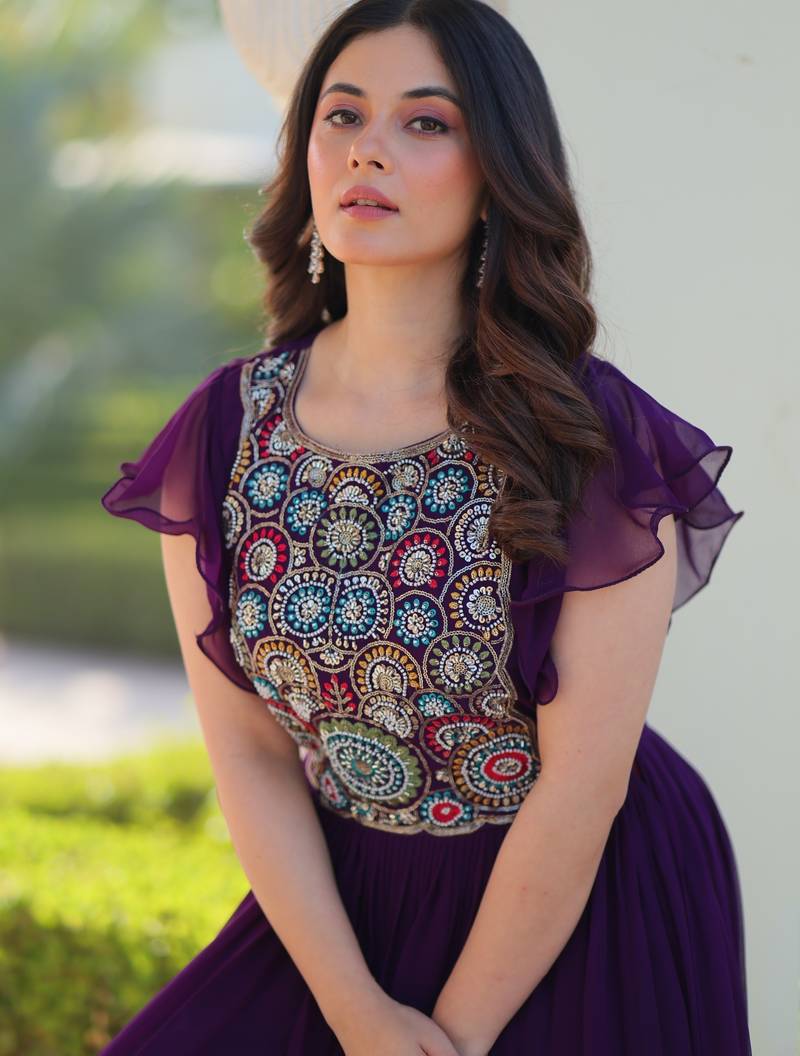 Purple georgette readymade gown with embroidery & beads work