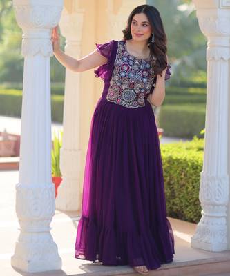 Purple georgette readymade gown with embroidery & beads work 4