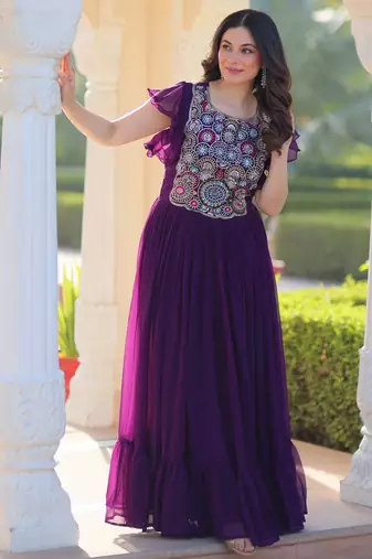 Purple georgette readymade gown with embroidery & beads work