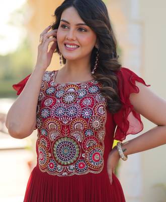 Red georgette readymade gown with embroidery & beads work 2