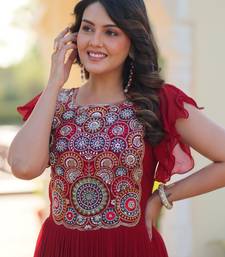 Red georgette readymade gown with embroidery & beads work