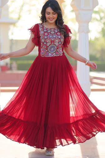 Red georgette readymade gown with embroidery & beads work