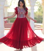 Red georgette readymade gown with embroidery & beads work