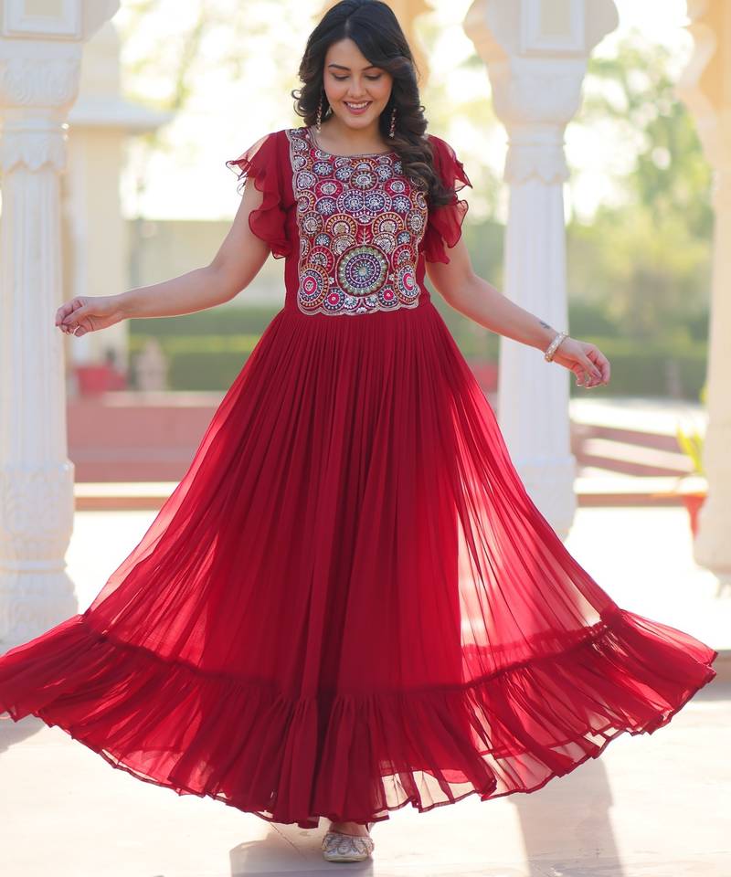 Red georgette readymade gown with embroidery & beads work