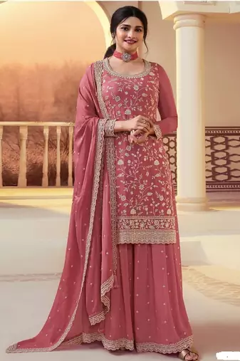 Red chinon silk blend embroidered salwar kameez with dupatta
