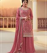 Red chinon silk blend embroidered salwar kameez with dupatta