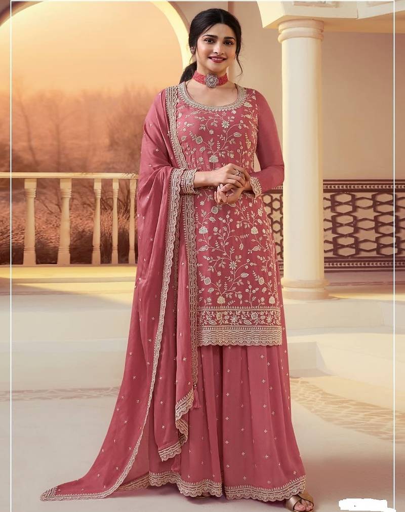 Red chinon silk blend embroidered salwar kameez with dupatta