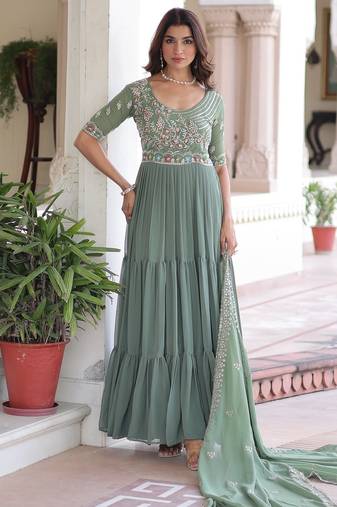 Pista georgette readymade anarkali suit with embroidery & beads work
