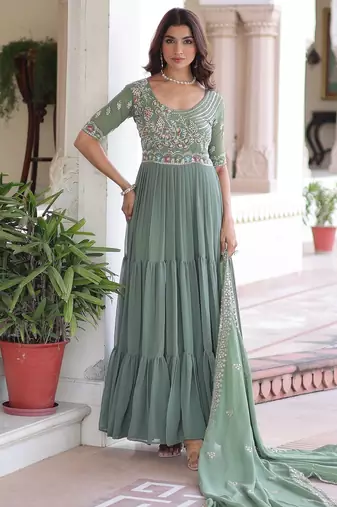 Pista georgette readymade anarkali suit with embroidery & beads work