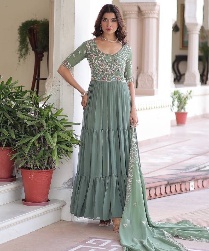 Pista georgette readymade anarkali suit with embroidery & beads work