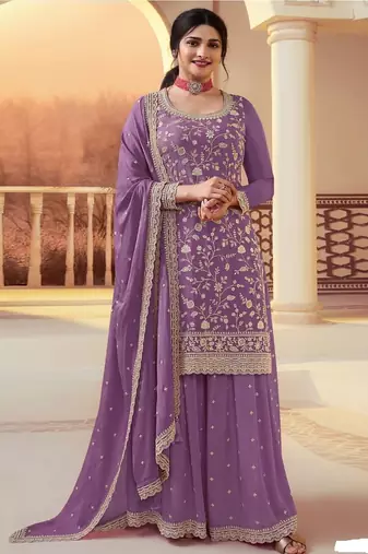Purple chinon silk blend embroidered salwar kameez with dupatta