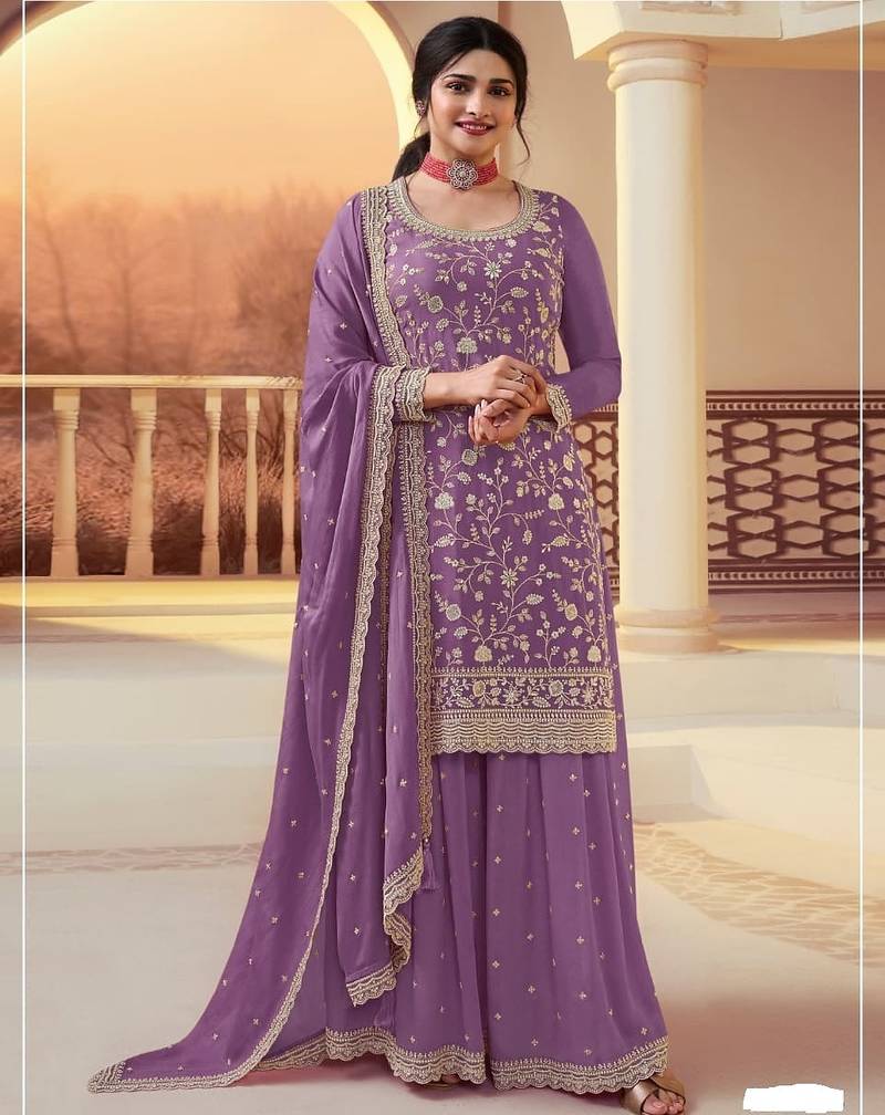 Purple chinon silk blend embroidered salwar kameez with dupatta