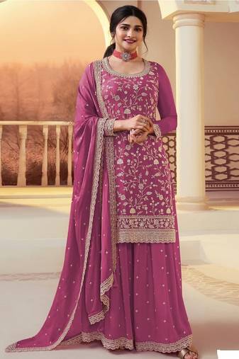 Rani pink chinon silk blend embroidered salwar kameez with dupatta