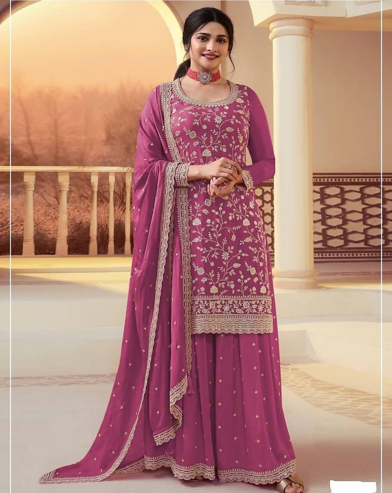 Rani pink chinon silk blend embroidered salwar kameez with dupatta