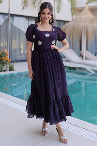 Black silk readymade gown with embroidery & beads work