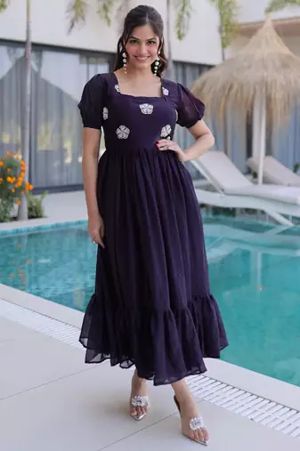 Black silk readymade gown with embroidery & beads work