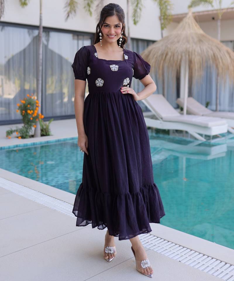 Black silk readymade gown with embroidery & beads work