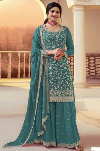 Teal blue chinon silk blend embroidered salwar kameez with dupatta
