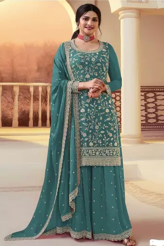 Teal blue chinon silk blend embroidered salwar kameez with dupatta