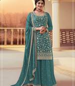 Teal blue chinon silk blend embroidered salwar kameez with dupatta