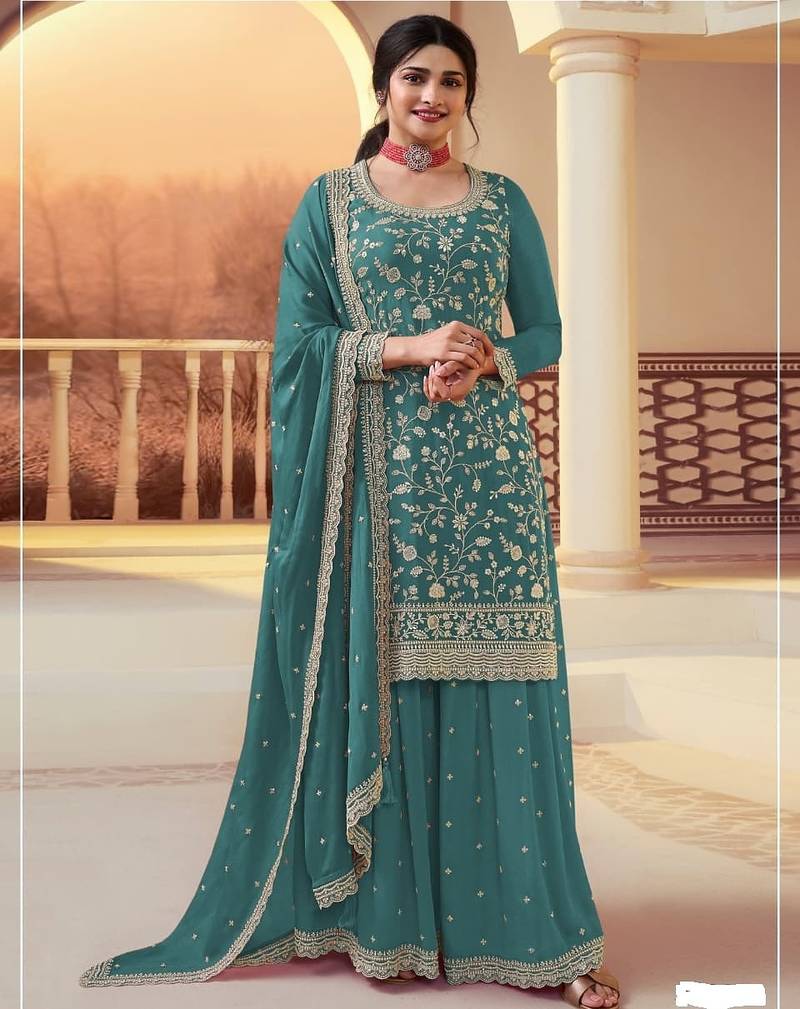Teal blue chinon silk blend embroidered salwar kameez with dupatta