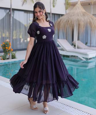 Black silk readymade gown with embroidery & beads work 3