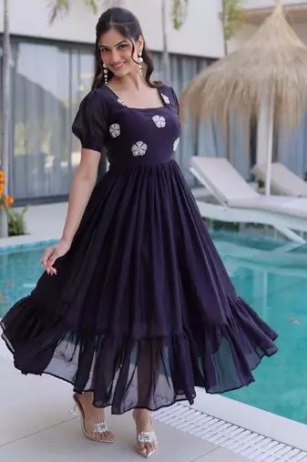 Black silk readymade gown with embroidery & beads work