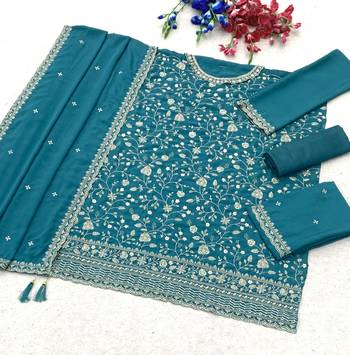 Teal blue chinon silk blend embroidered salwar kameez with dupatta 2