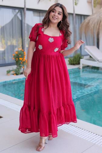 Red silk readymade gown with embroidery & beads work