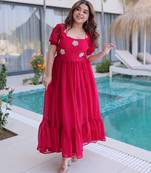 Red silk readymade gown with embroidery & beads work