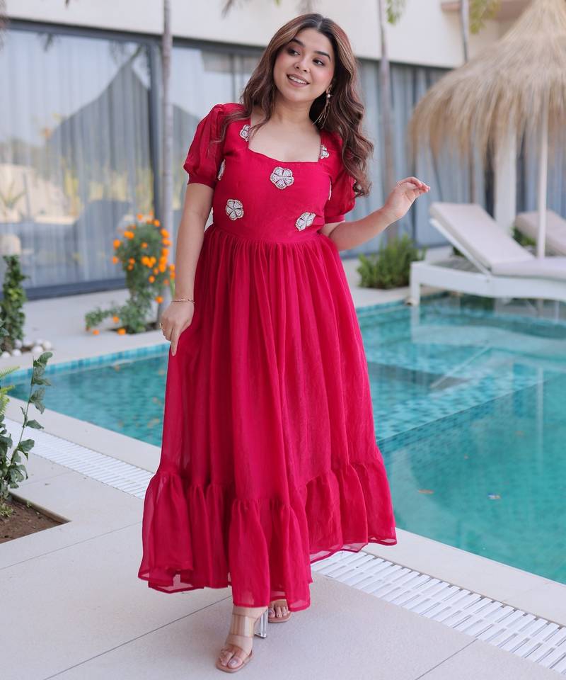 Red silk readymade gown with embroidery & beads work