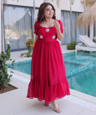 Red silk readymade gown with embroidery & beads work 2