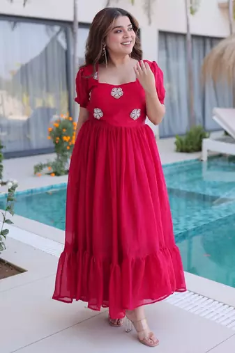 Red silk readymade gown with embroidery & beads work