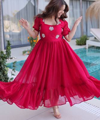 Red silk readymade gown with embroidery & beads work 3