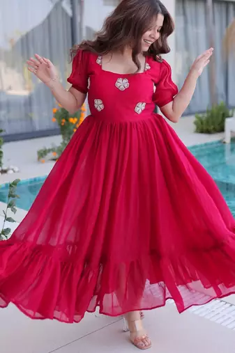 Red silk readymade gown with embroidery & beads work