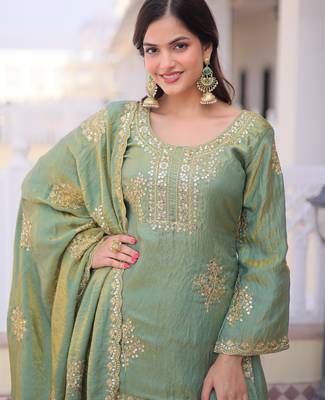 Green silk readymade suit with embroidery & zari work 1
