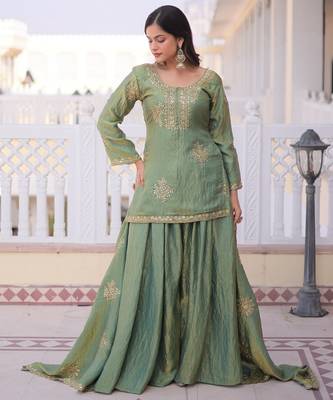 Green silk readymade suit with embroidery & zari work 3