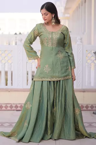 Green silk readymade suit with embroidery & zari work