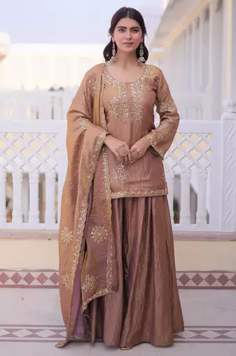 Coffee silk readymade suit with embroidery & zari work