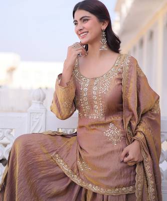 Coffee silk readymade suit with embroidery & zari work 2