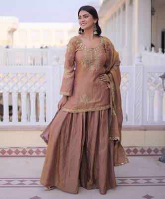 Coffee silk readymade suit with embroidery & zari work 3