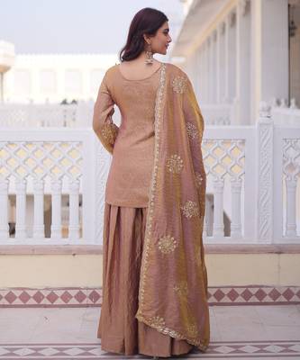 Coffee silk readymade suit with embroidery & zari work 4