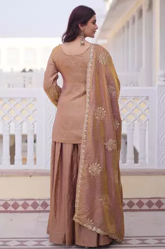 Coffee silk readymade suit with embroidery & zari work