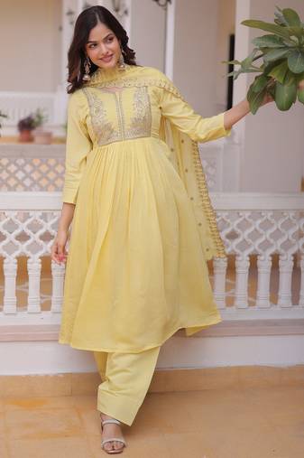 Yellow chanderi readymade suit with embroidery & beads work