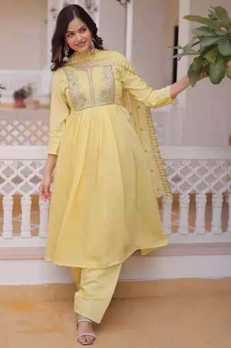 Yellow chanderi readymade suit with embroidery & beads work