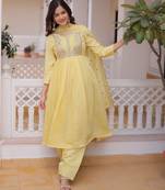 Yellow chanderi readymade suit with embroidery & beads work
