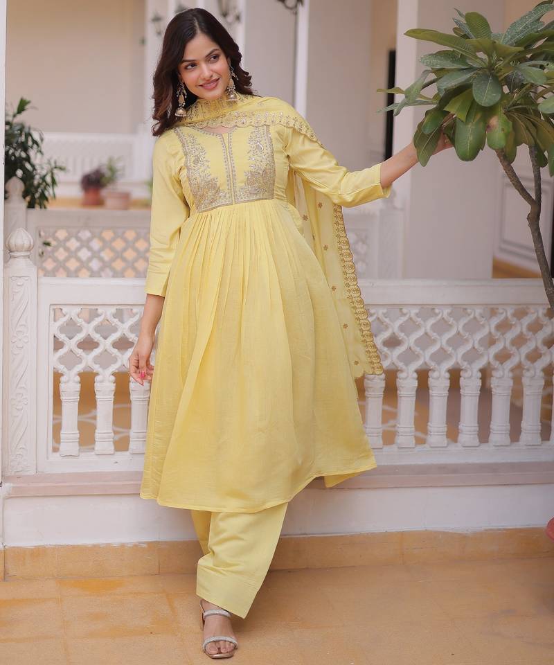 Yellow chanderi readymade suit with embroidery & beads work