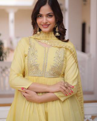 Yellow chanderi readymade suit with embroidery & beads work 2